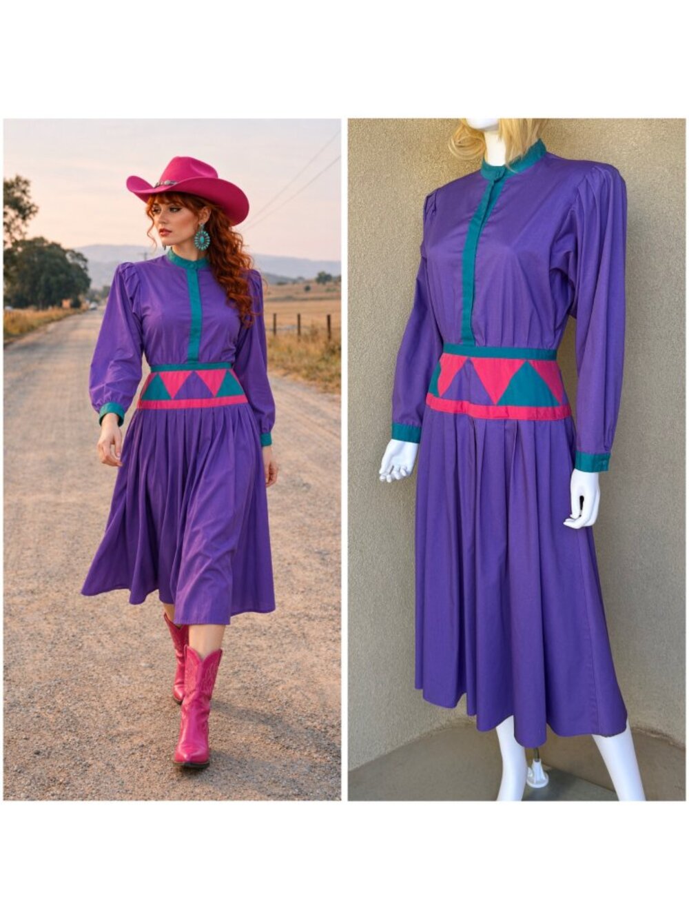 Vintage 80s Gene Roye Colorblock Western Dress